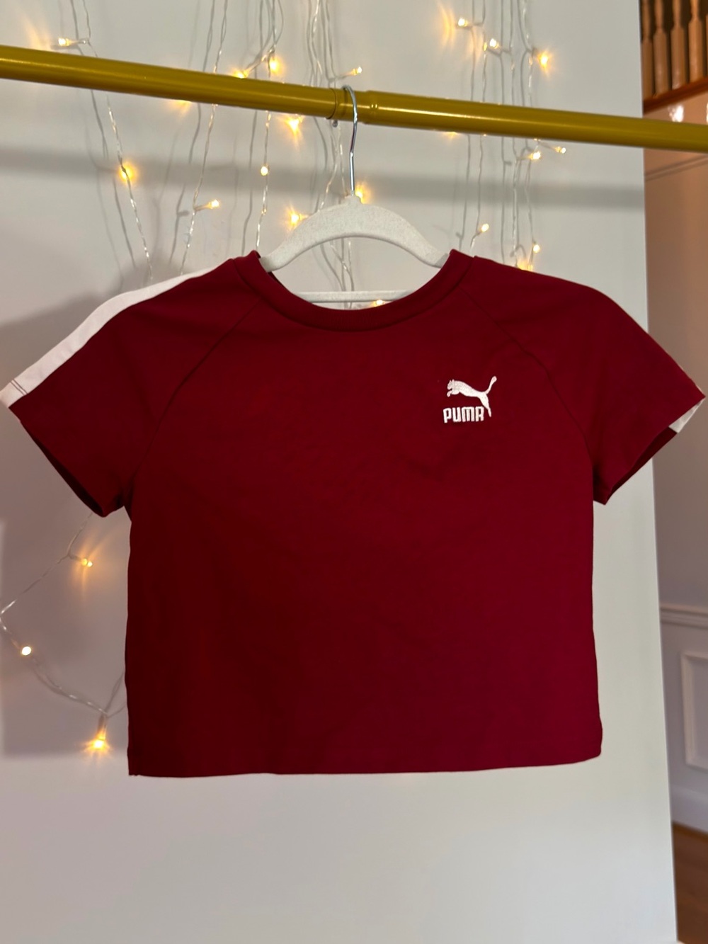 Puma Burgundy Short-Sleeve Crop Tee with White Stripe